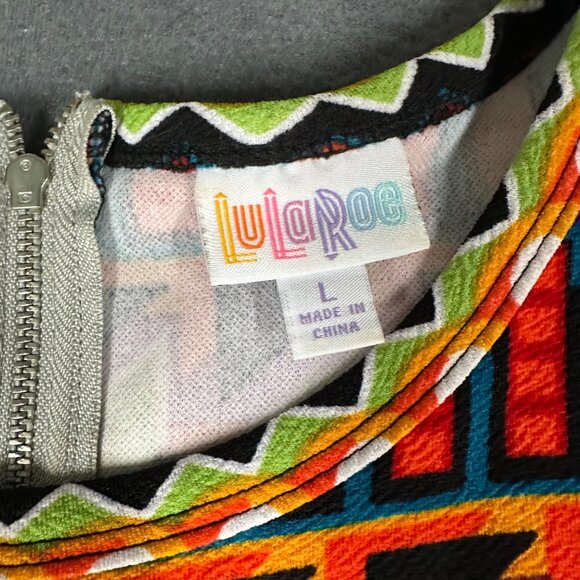 Lularoe Womens L Amelia SS Scoop Neck Back Zip Pleated Teal Geometric Dress - Picture 5 of 11